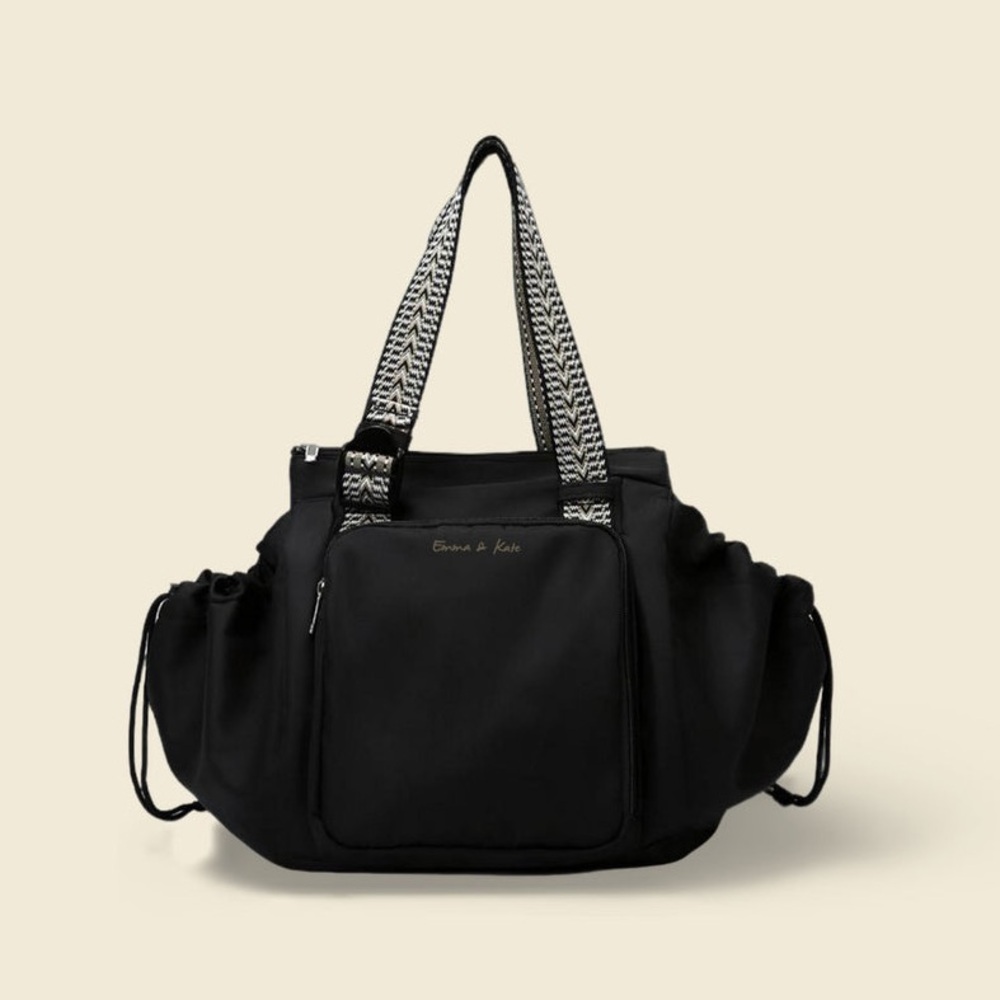 Black Tote Bag with Patterned Straps